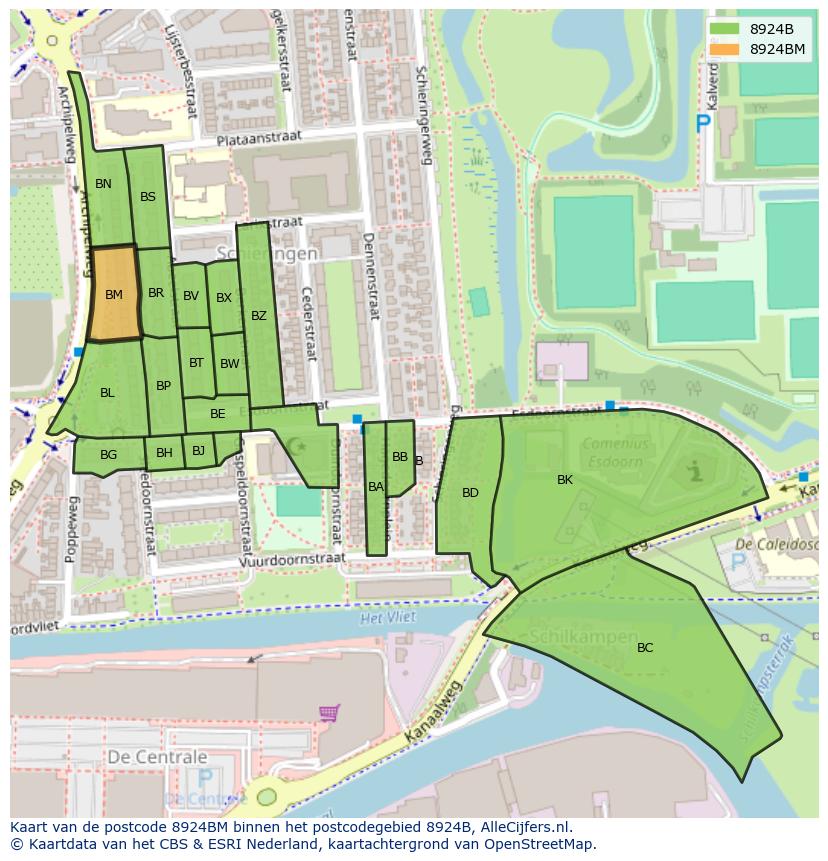 Afbeelding van het postcodegebied 8924 BM op de kaart.