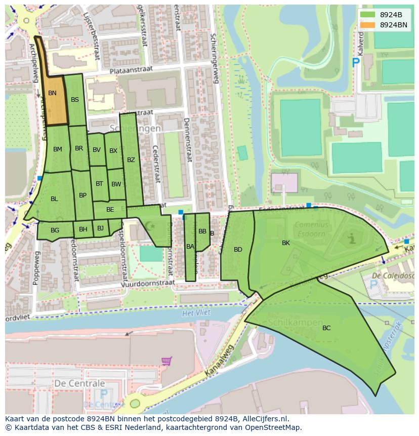 Afbeelding van het postcodegebied 8924 BN op de kaart.