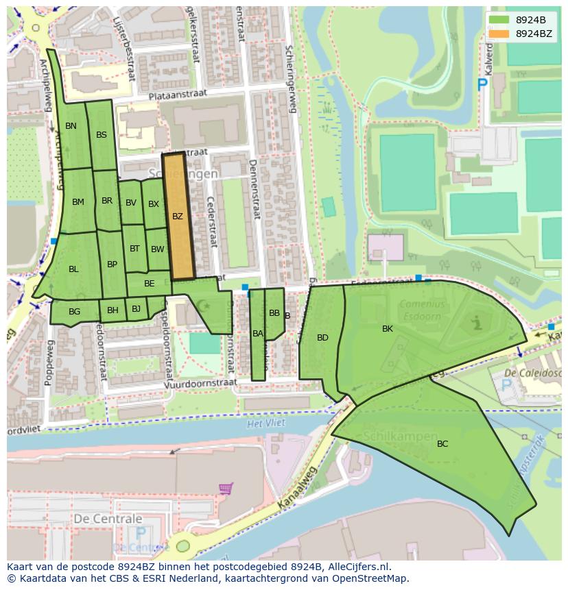 Afbeelding van het postcodegebied 8924 BZ op de kaart.