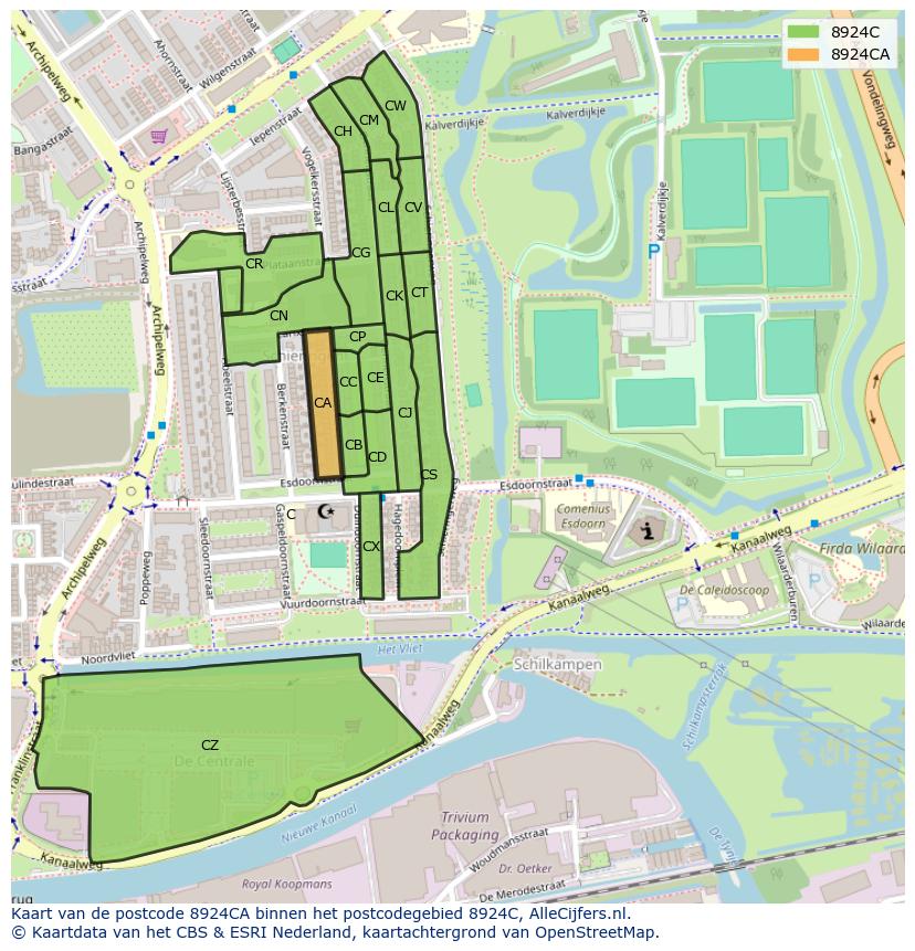 Afbeelding van het postcodegebied 8924 CA op de kaart.