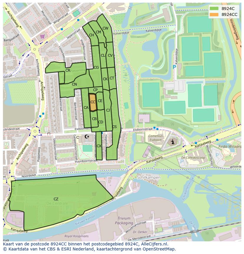 Afbeelding van het postcodegebied 8924 CC op de kaart.