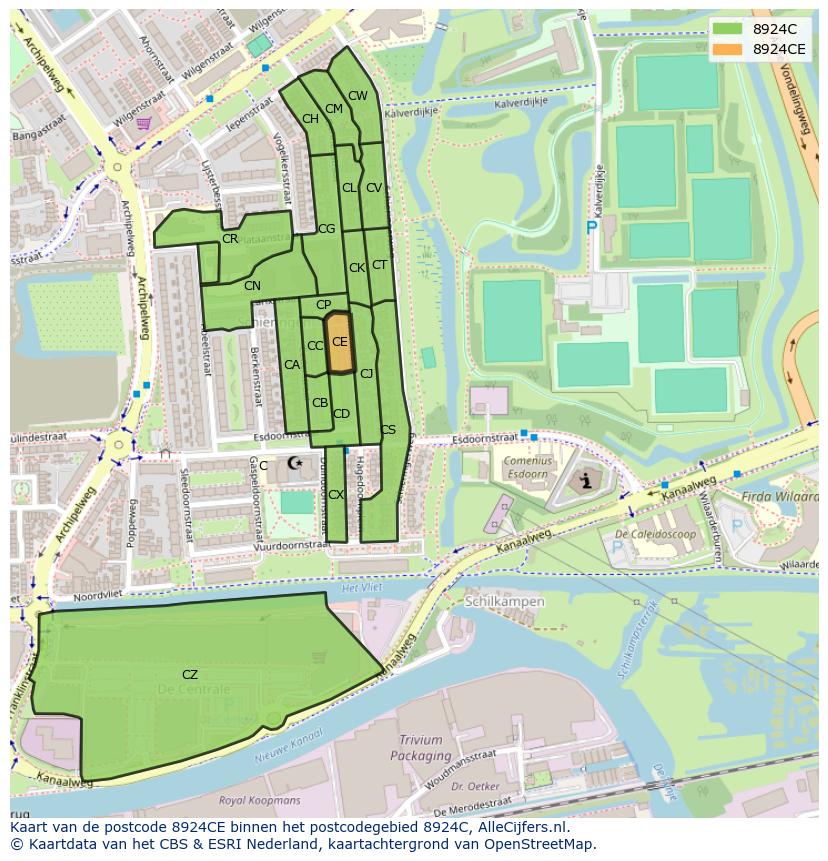 Afbeelding van het postcodegebied 8924 CE op de kaart.