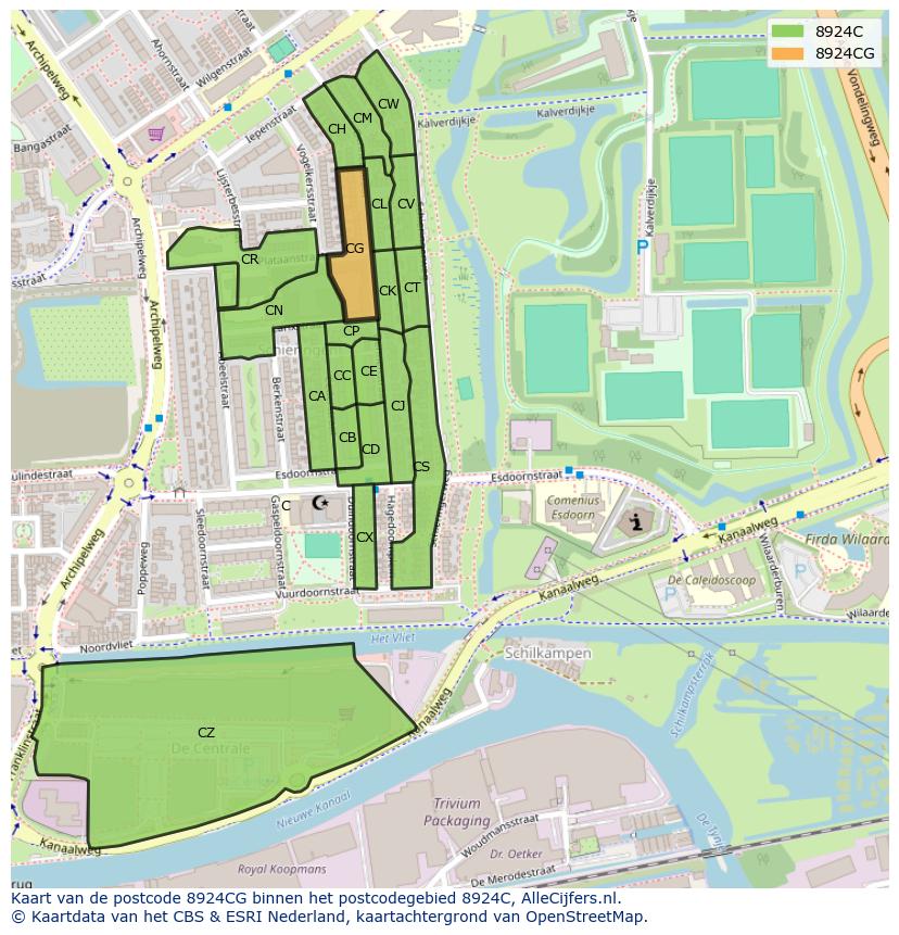 Afbeelding van het postcodegebied 8924 CG op de kaart.