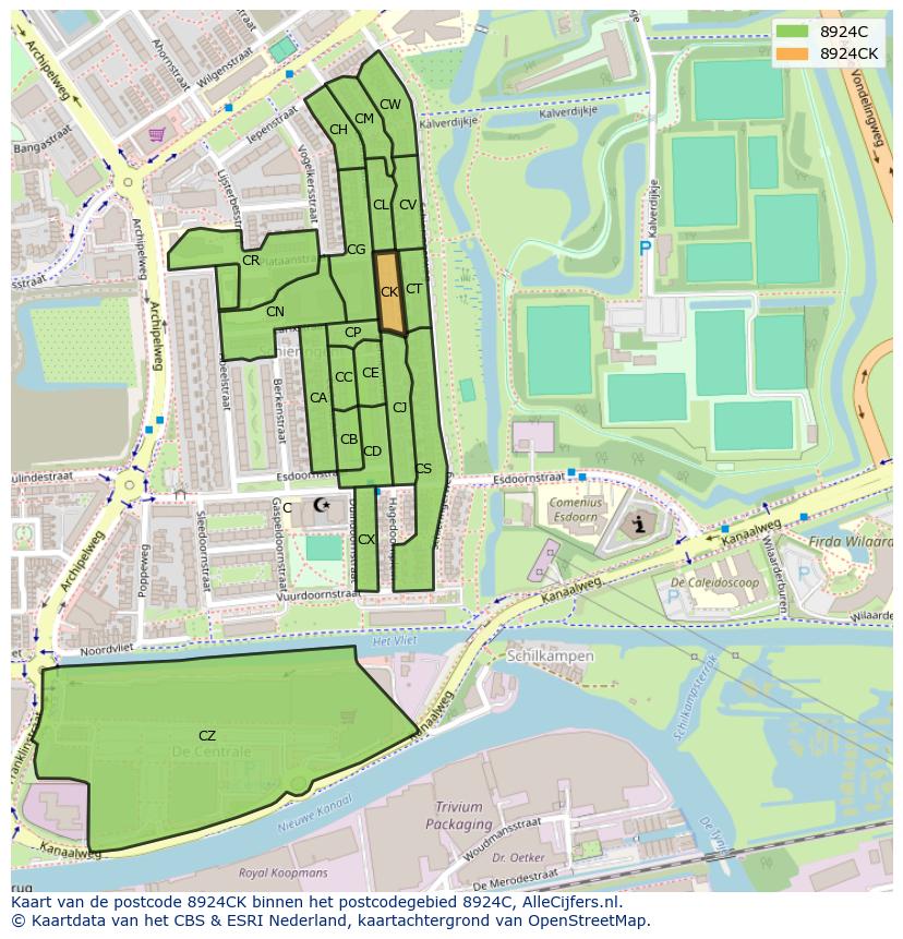 Afbeelding van het postcodegebied 8924 CK op de kaart.