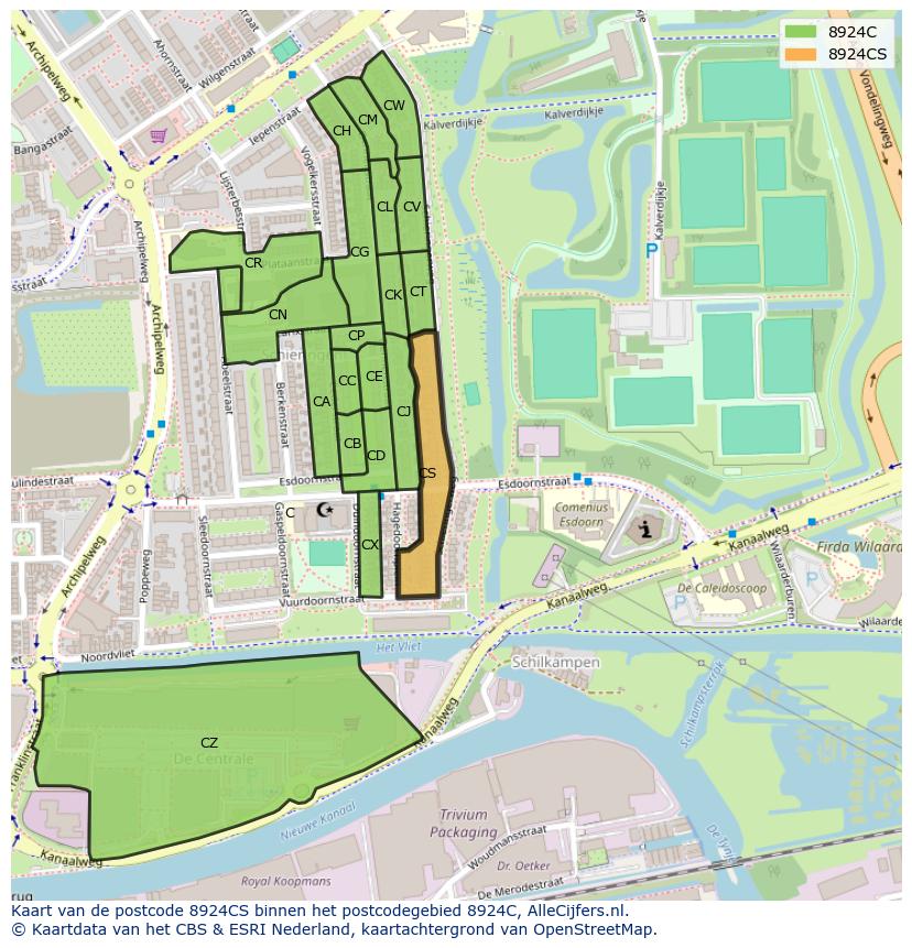 Afbeelding van het postcodegebied 8924 CS op de kaart.