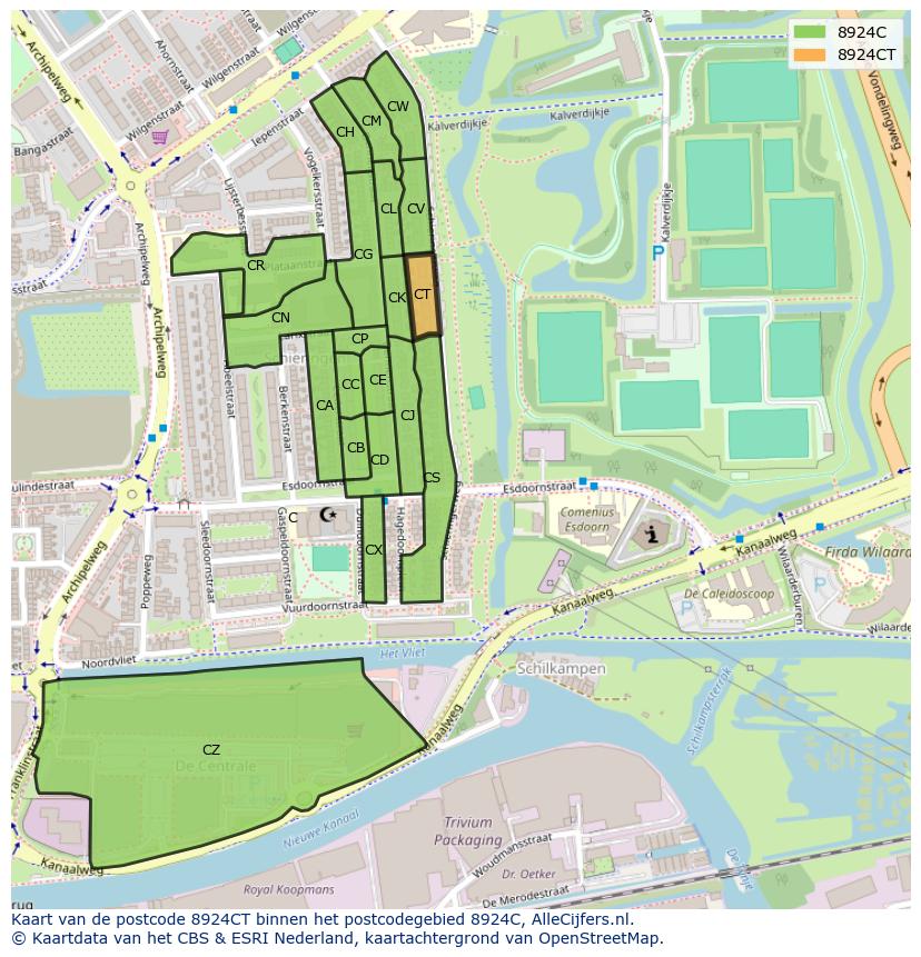 Afbeelding van het postcodegebied 8924 CT op de kaart.