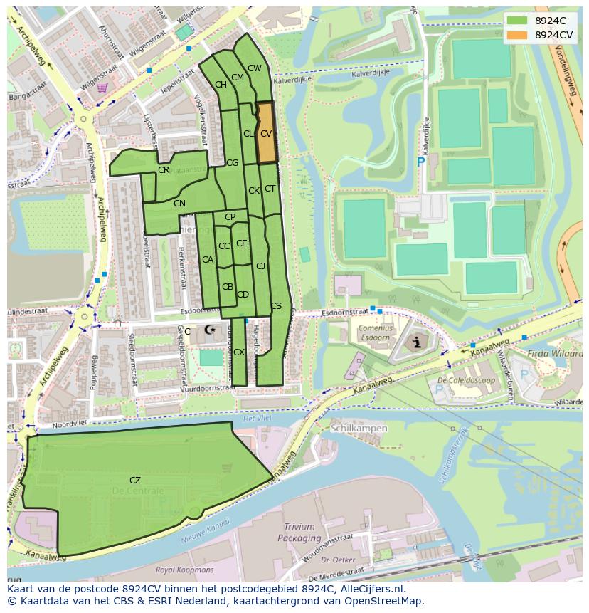 Afbeelding van het postcodegebied 8924 CV op de kaart.