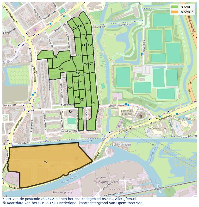 Afbeelding van het postcodegebied 8924 CZ op de kaart.