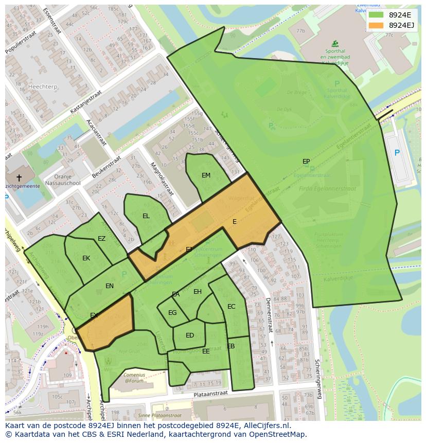 Afbeelding van het postcodegebied 8924 EJ op de kaart.