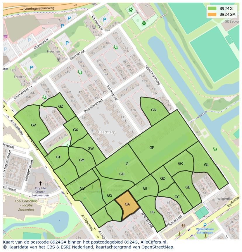Afbeelding van het postcodegebied 8924 GA op de kaart.