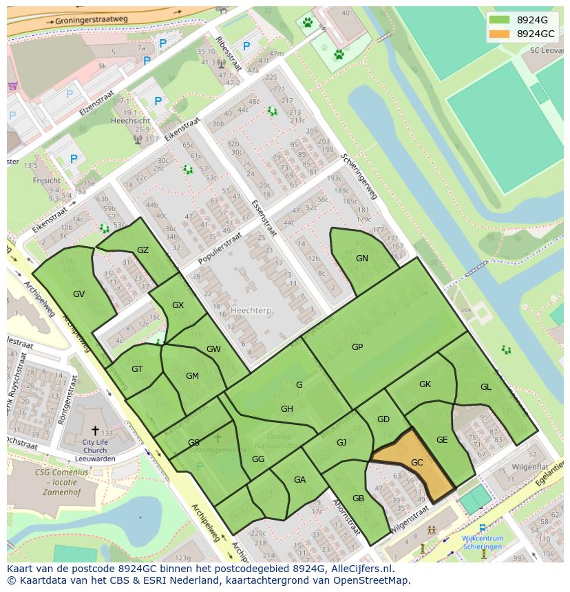Afbeelding van het postcodegebied 8924 GC op de kaart.