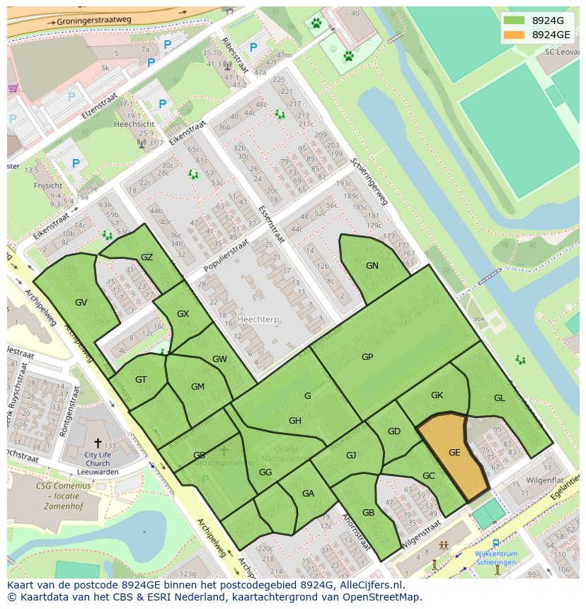 Afbeelding van het postcodegebied 8924 GE op de kaart.