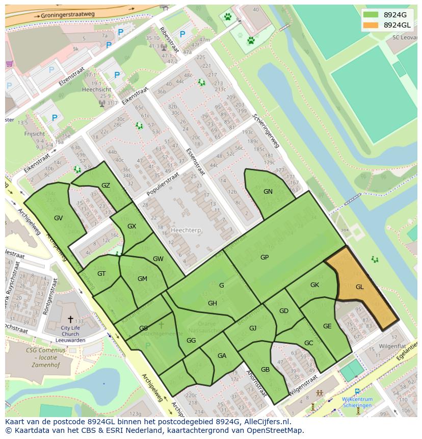 Afbeelding van het postcodegebied 8924 GL op de kaart.