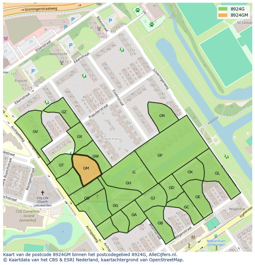 Afbeelding van het postcodegebied 8924 GM op de kaart.