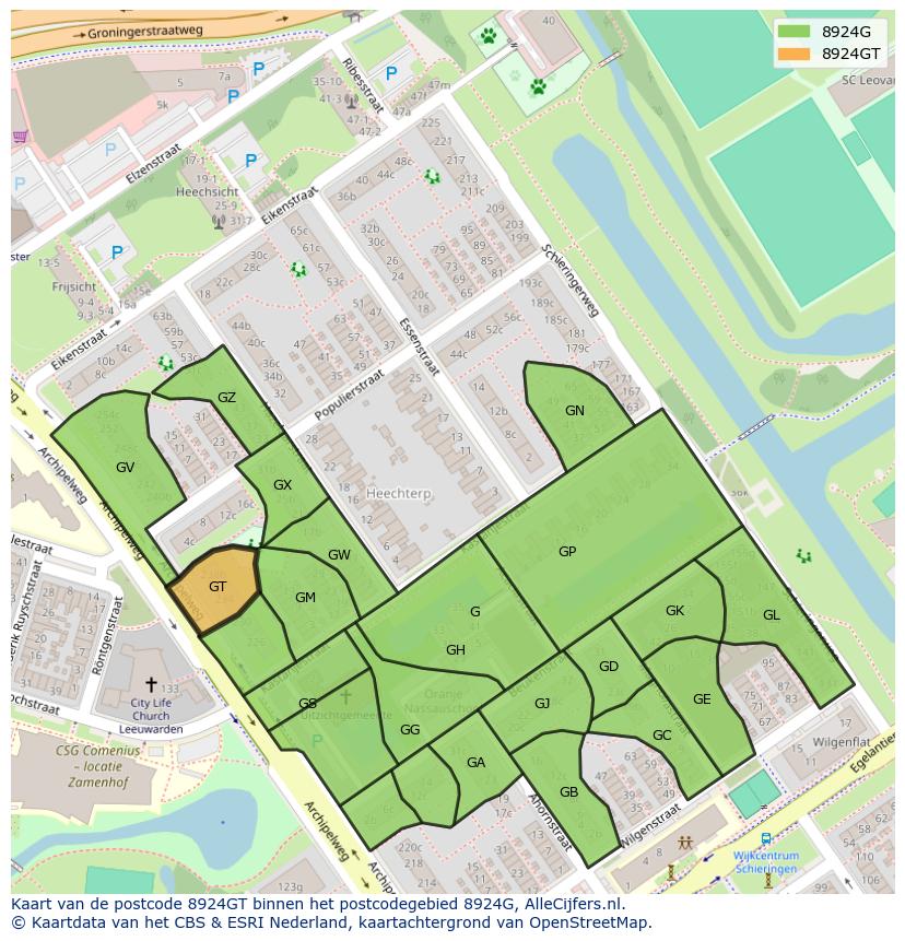 Afbeelding van het postcodegebied 8924 GT op de kaart.