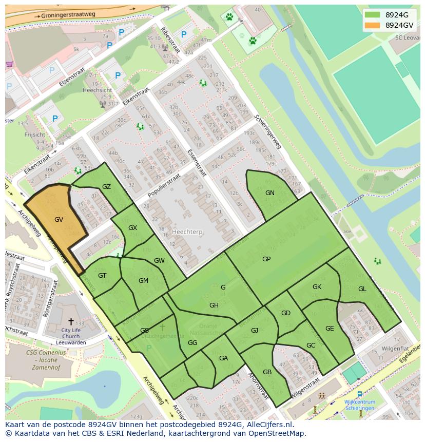 Afbeelding van het postcodegebied 8924 GV op de kaart.