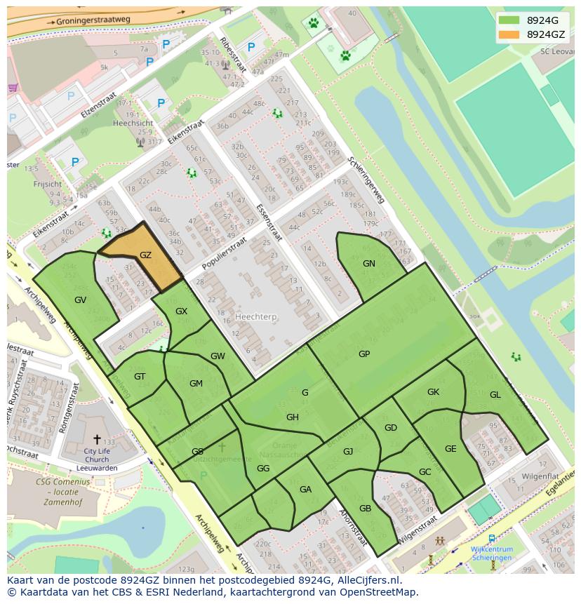 Afbeelding van het postcodegebied 8924 GZ op de kaart.