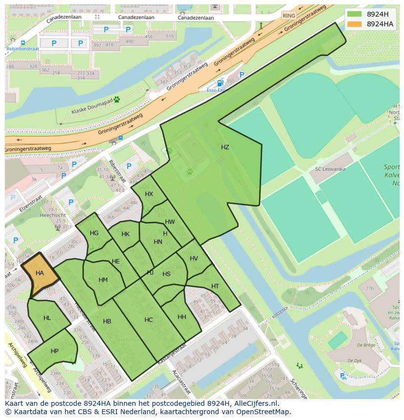 Afbeelding van het postcodegebied 8924 HA op de kaart.