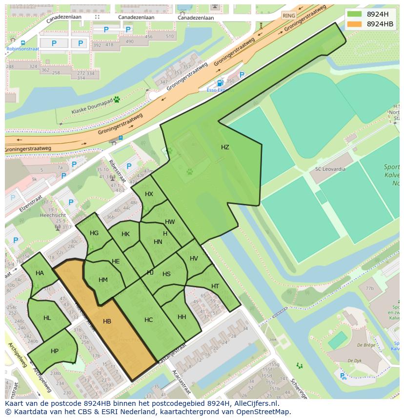 Afbeelding van het postcodegebied 8924 HB op de kaart.