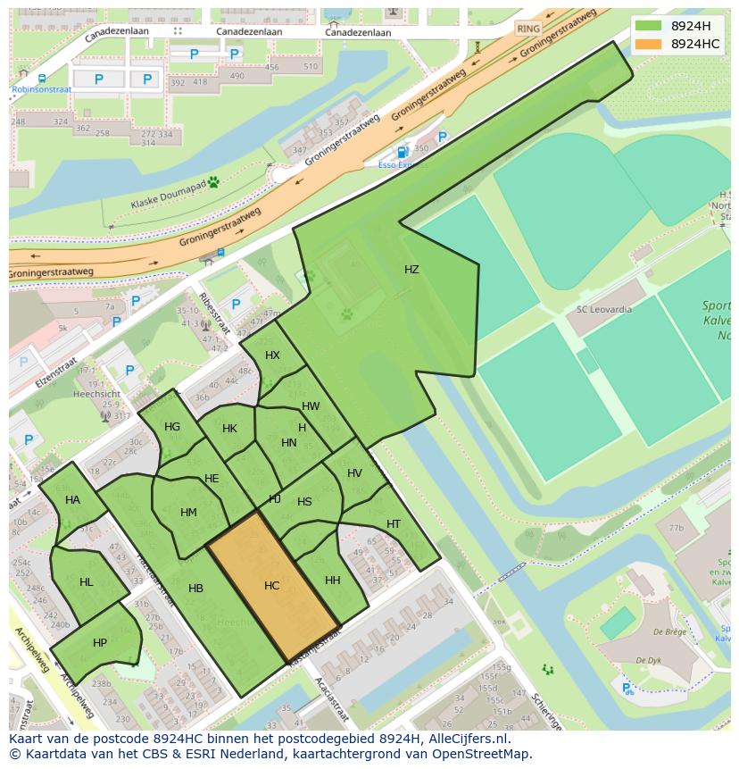 Afbeelding van het postcodegebied 8924 HC op de kaart.