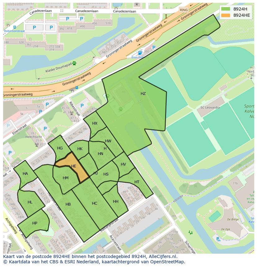 Afbeelding van het postcodegebied 8924 HE op de kaart.