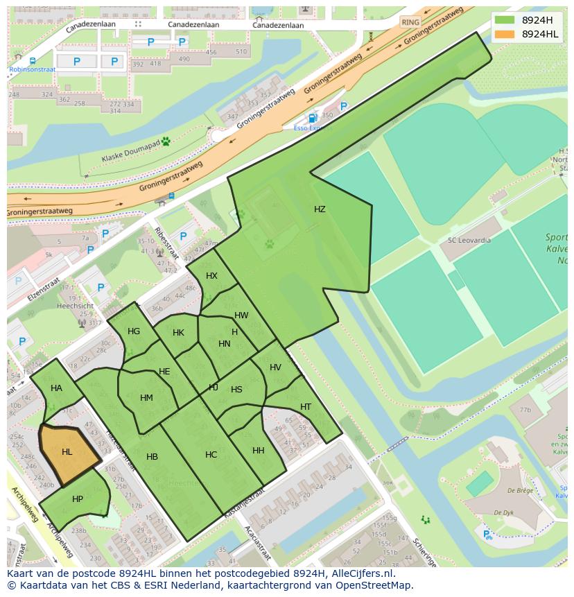 Afbeelding van het postcodegebied 8924 HL op de kaart.