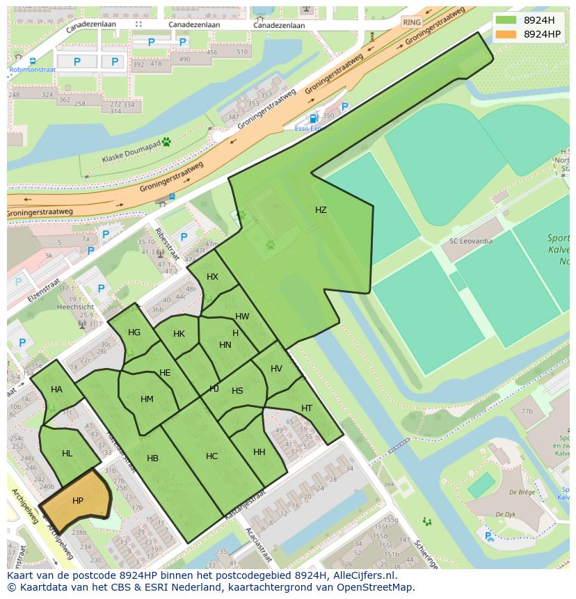 Afbeelding van het postcodegebied 8924 HP op de kaart.