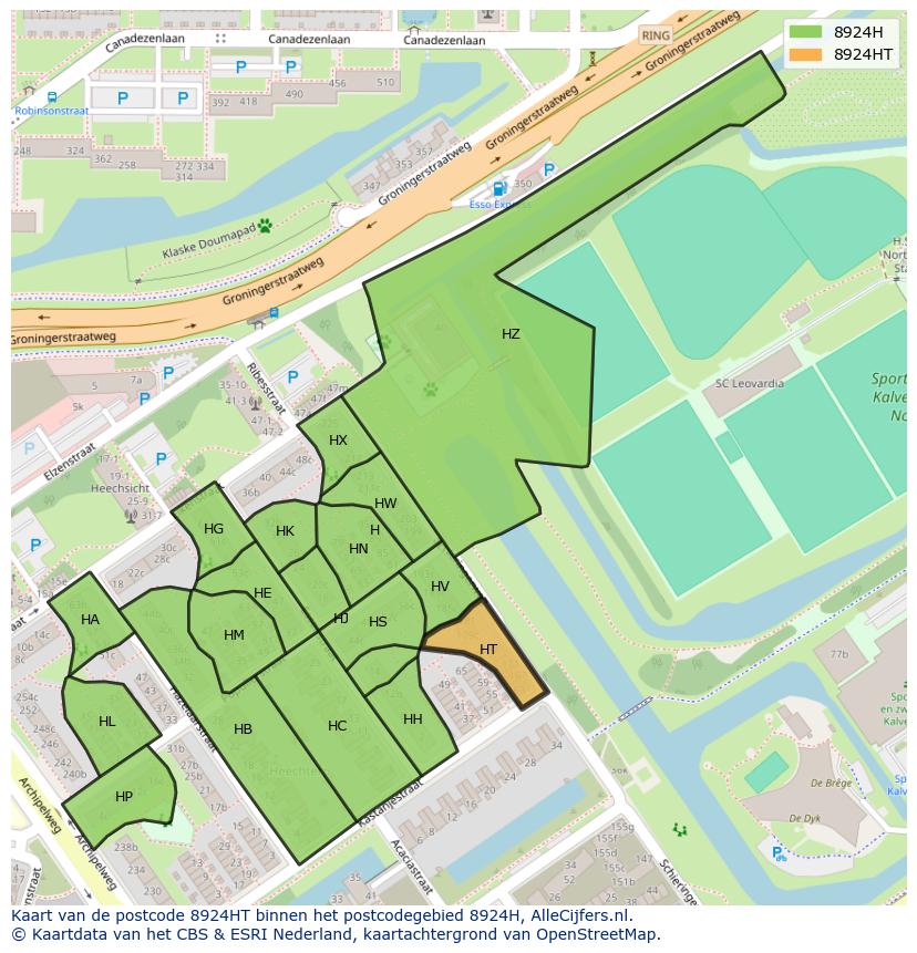 Afbeelding van het postcodegebied 8924 HT op de kaart.