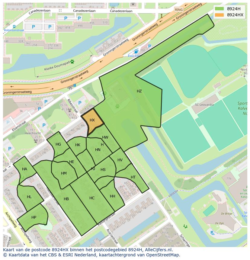 Afbeelding van het postcodegebied 8924 HX op de kaart.