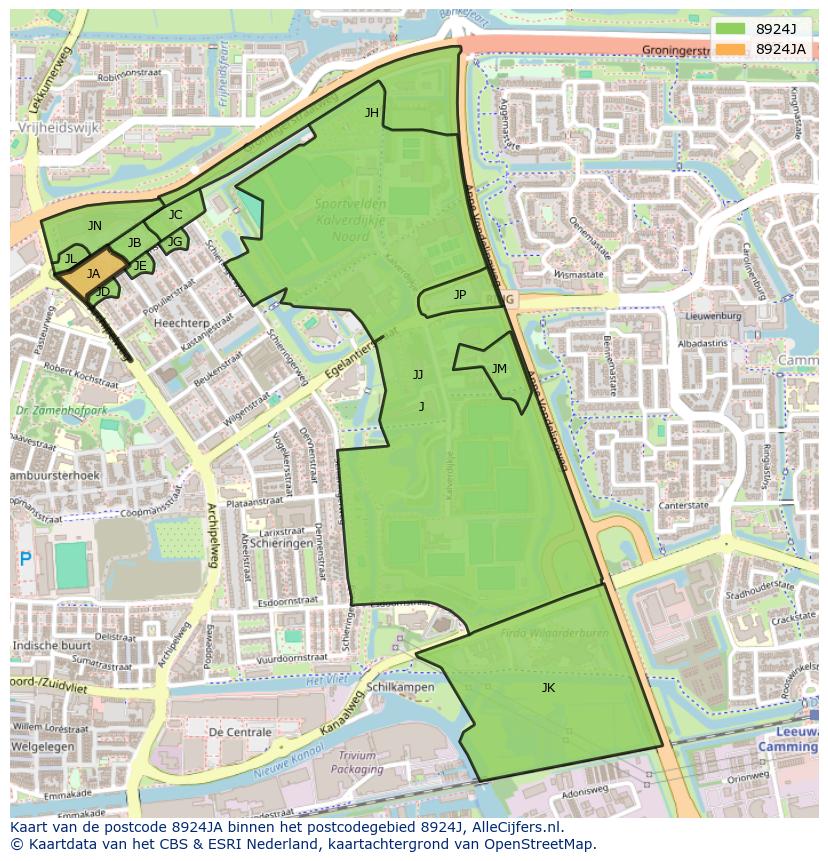 Afbeelding van het postcodegebied 8924 JA op de kaart.