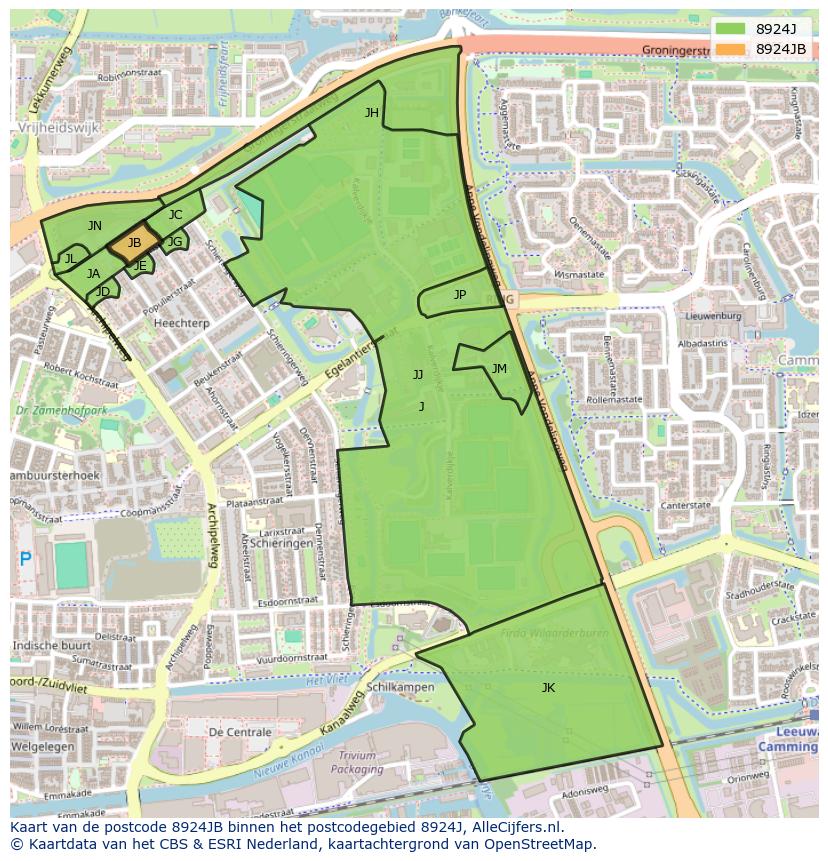 Afbeelding van het postcodegebied 8924 JB op de kaart.