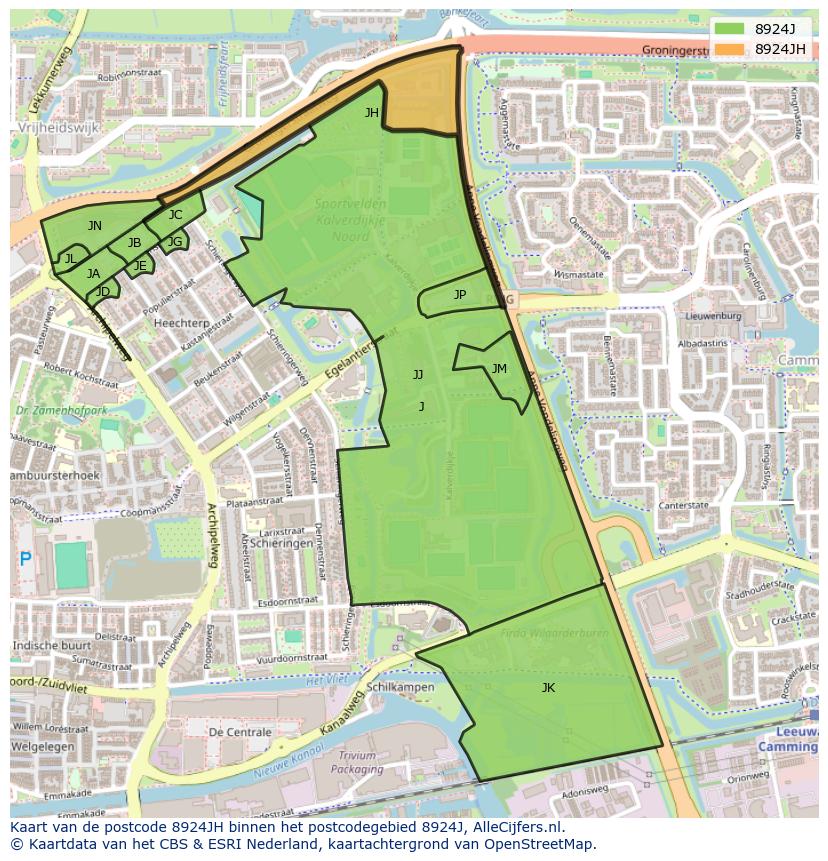 Afbeelding van het postcodegebied 8924 JH op de kaart.