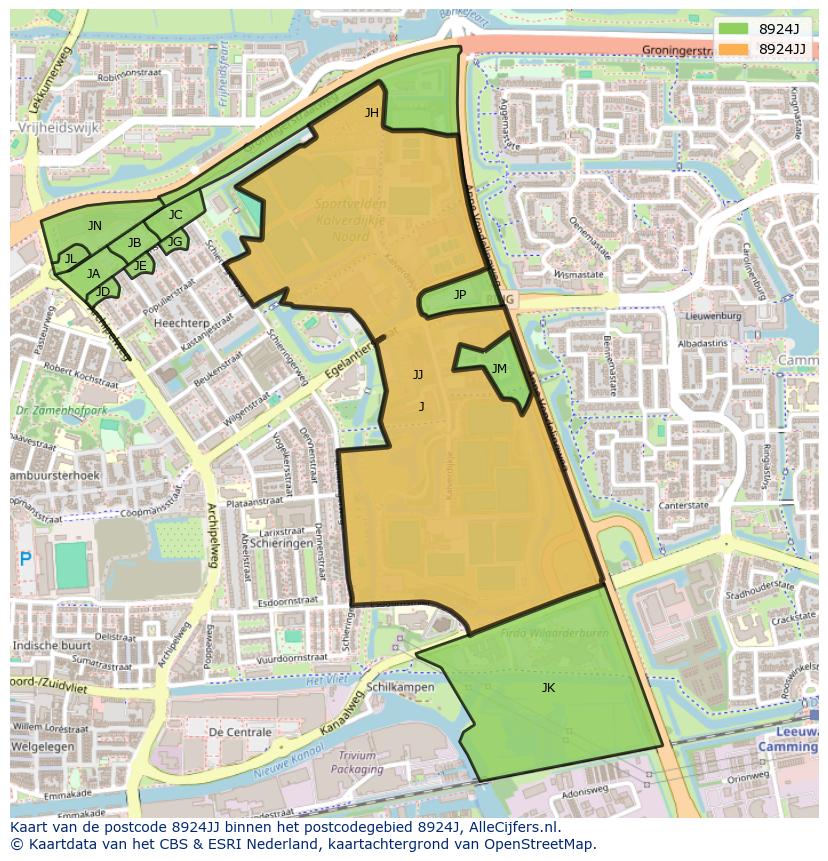 Afbeelding van het postcodegebied 8924 JJ op de kaart.