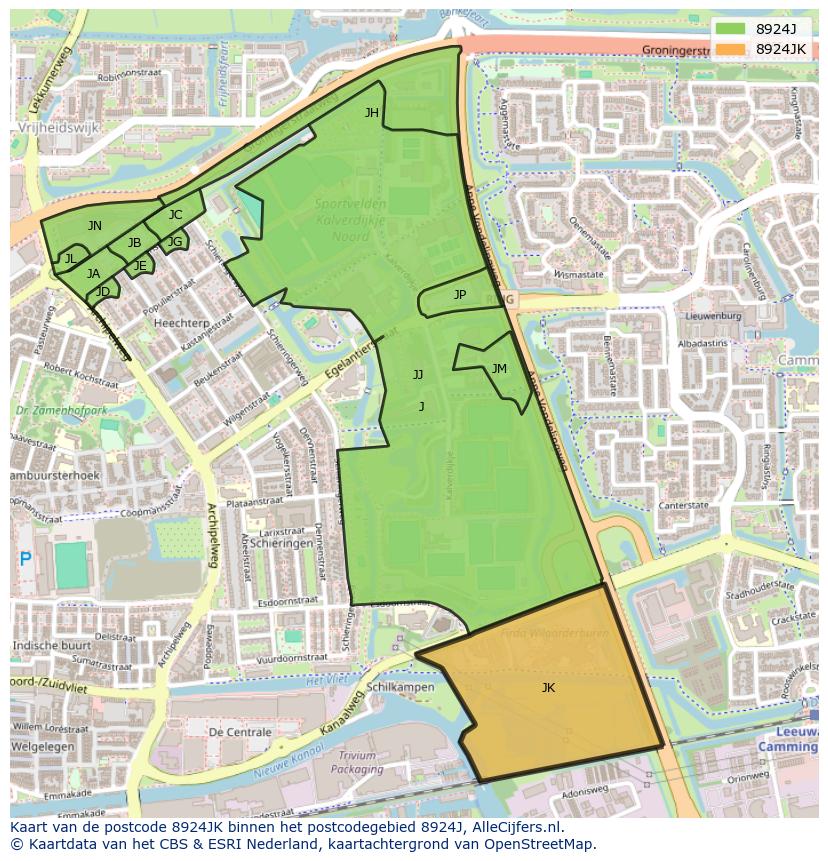 Afbeelding van het postcodegebied 8924 JK op de kaart.