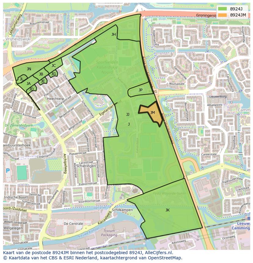 Afbeelding van het postcodegebied 8924 JM op de kaart.