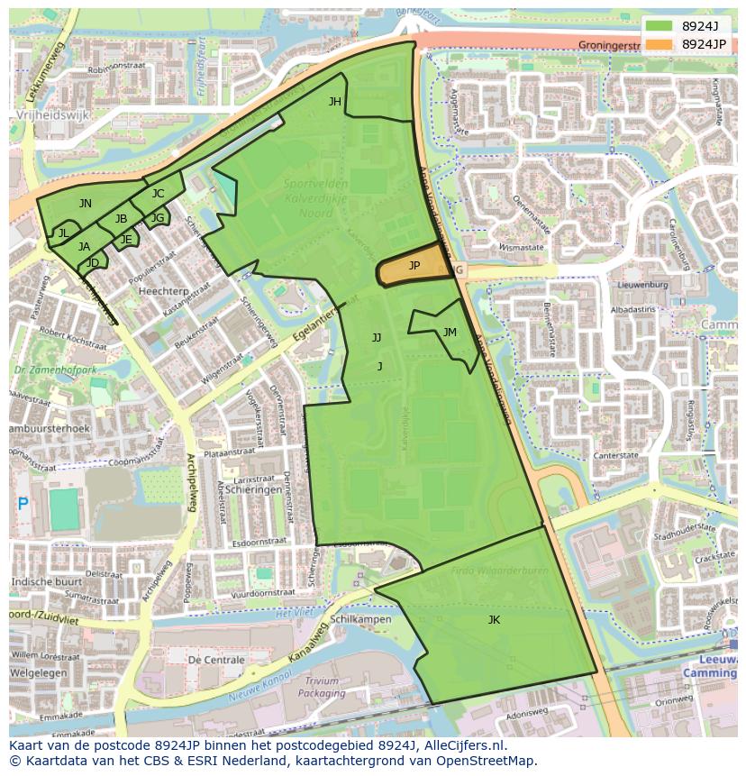 Afbeelding van het postcodegebied 8924 JP op de kaart.