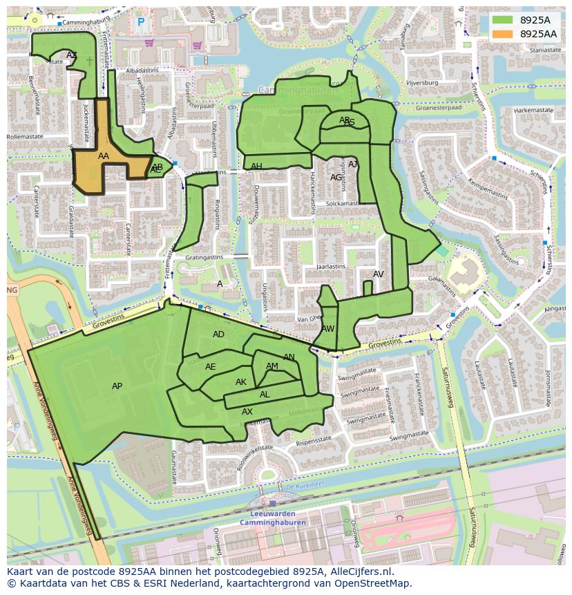 Afbeelding van het postcodegebied 8925 AA op de kaart.