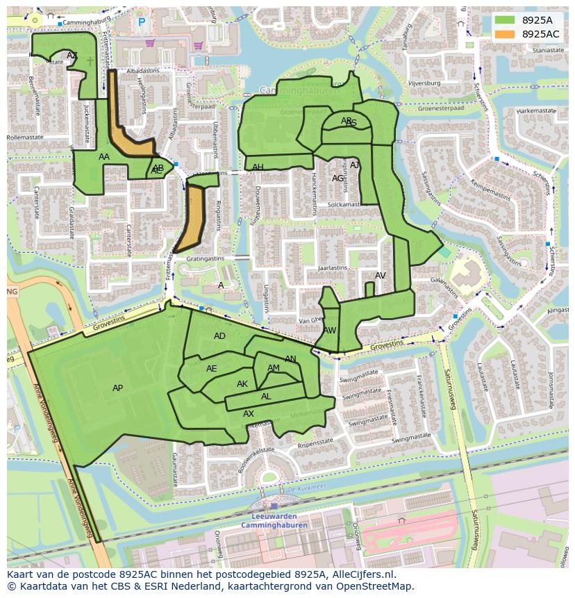 Afbeelding van het postcodegebied 8925 AC op de kaart.