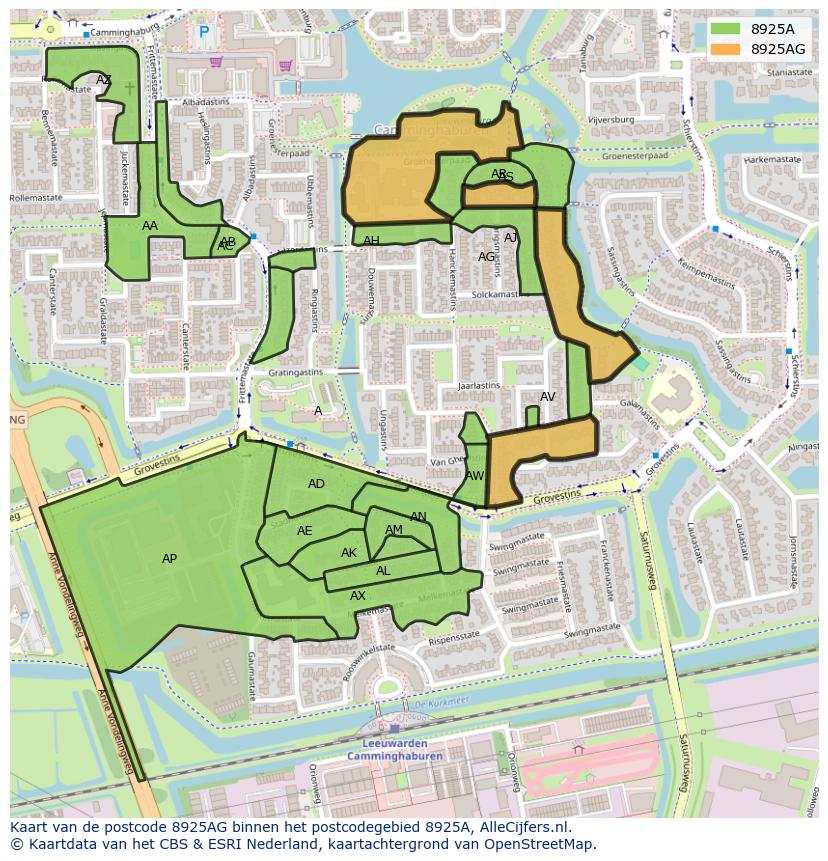 Afbeelding van het postcodegebied 8925 AG op de kaart.