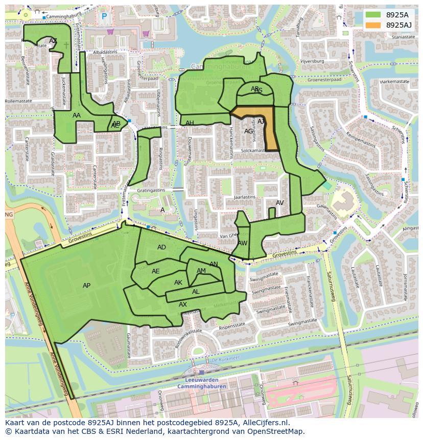 Afbeelding van het postcodegebied 8925 AJ op de kaart.