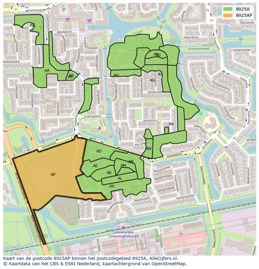 Afbeelding van het postcodegebied 8925 AP op de kaart.
