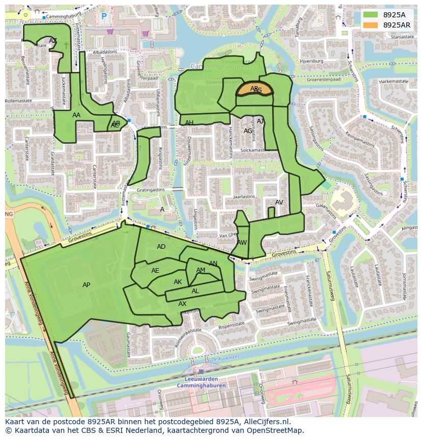 Afbeelding van het postcodegebied 8925 AR op de kaart.