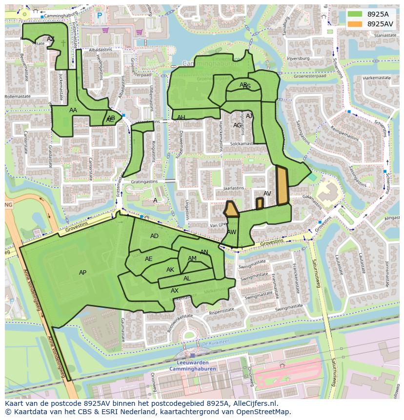 Afbeelding van het postcodegebied 8925 AV op de kaart.