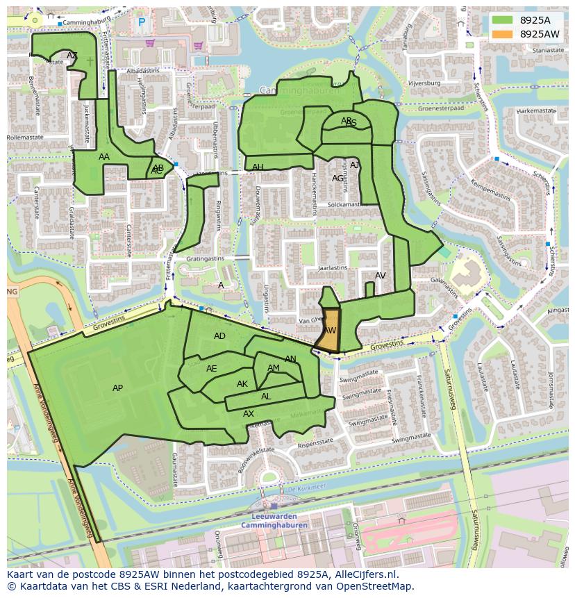 Afbeelding van het postcodegebied 8925 AW op de kaart.
