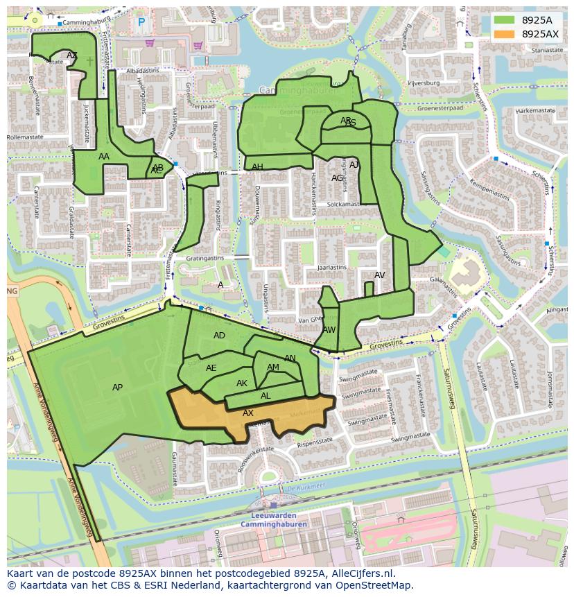 Afbeelding van het postcodegebied 8925 AX op de kaart.