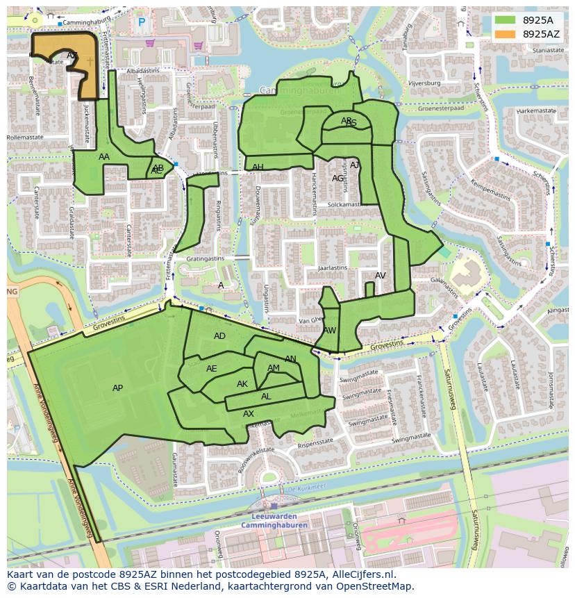 Afbeelding van het postcodegebied 8925 AZ op de kaart.