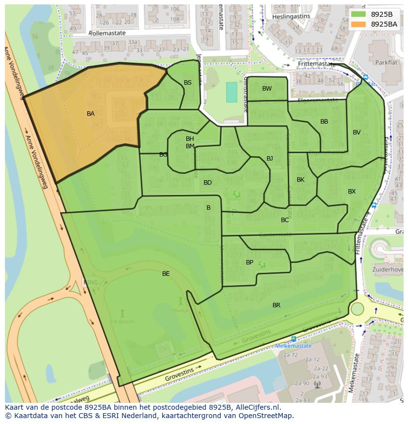 Afbeelding van het postcodegebied 8925 BA op de kaart.