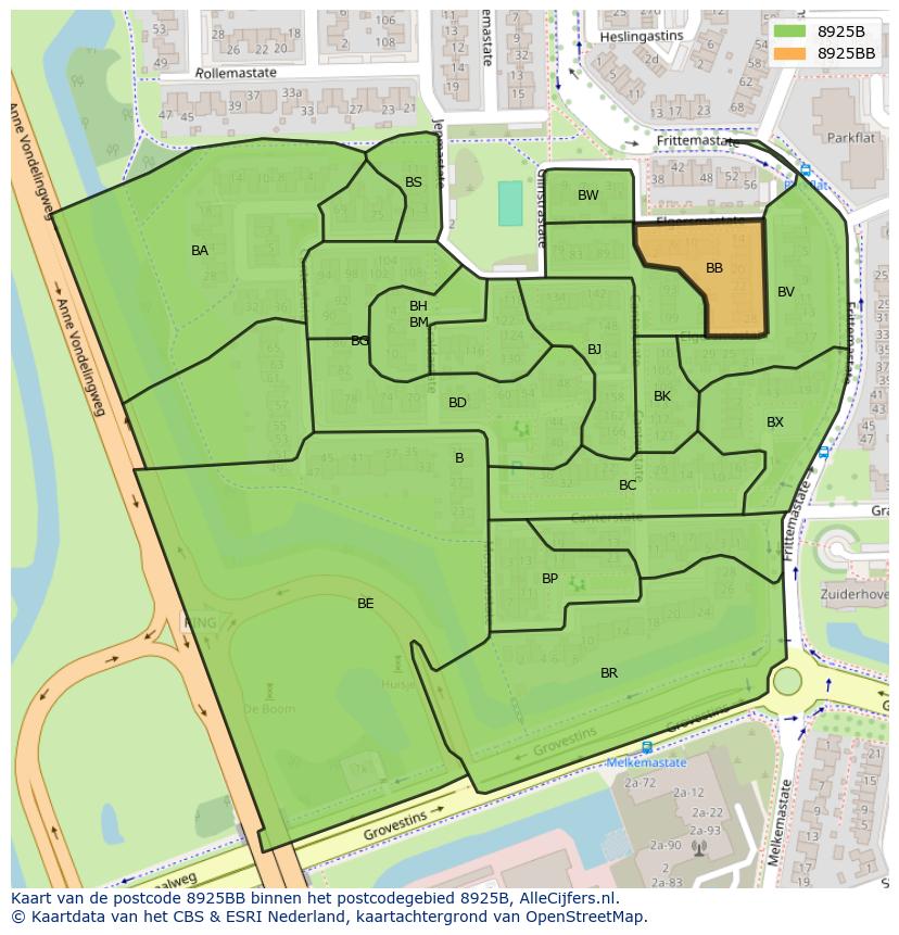 Afbeelding van het postcodegebied 8925 BB op de kaart.