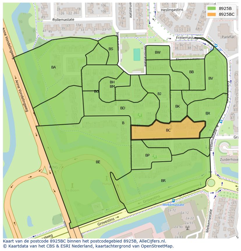 Afbeelding van het postcodegebied 8925 BC op de kaart.