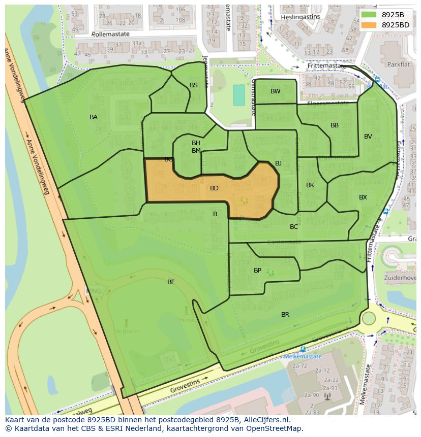 Afbeelding van het postcodegebied 8925 BD op de kaart.